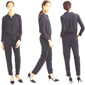 J. Crew Oxford Crepe Jumpsuit Size 4 Navy Blue Long Sleeve
